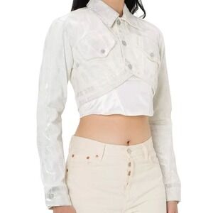 ZARA Women's Size XS White Silver Metallic Cropped Long Sleeve Denim Jean Jacket